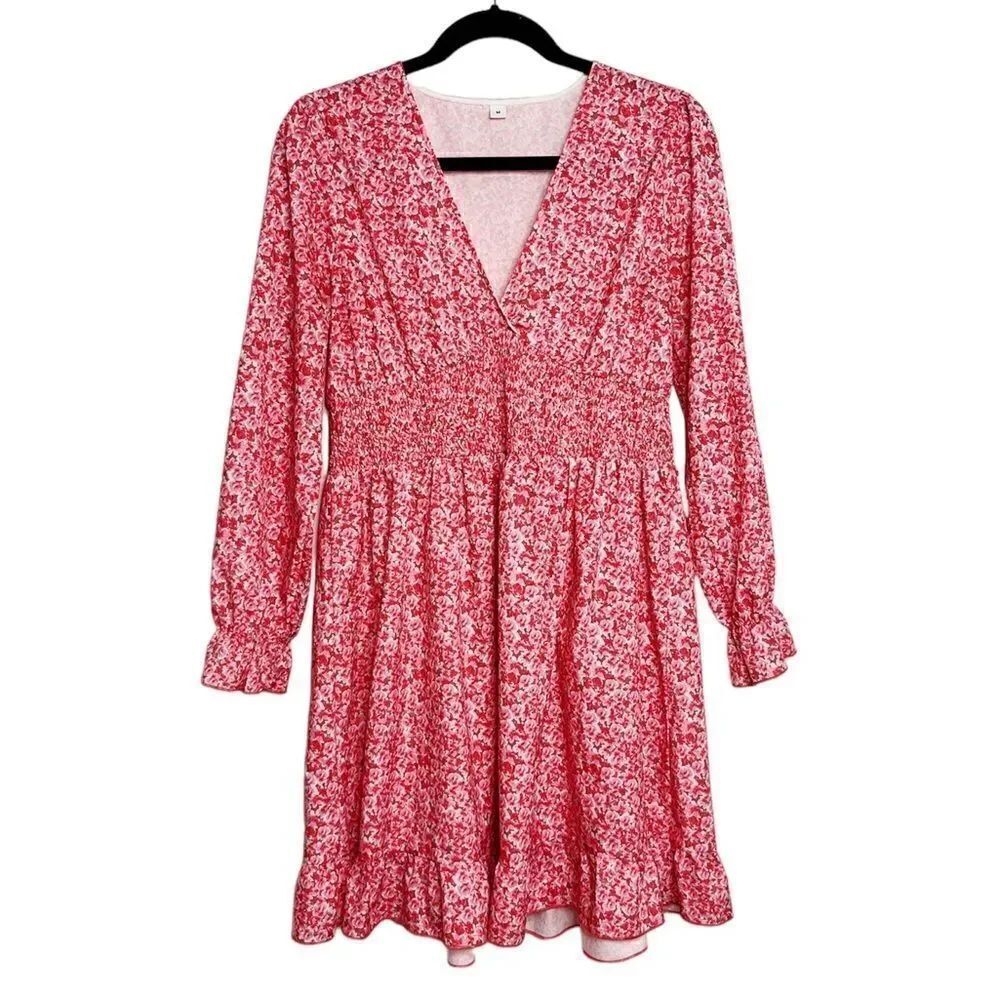 Long Sleeve Deep V Neck Floral Mini Dress Red and Pink size Medium